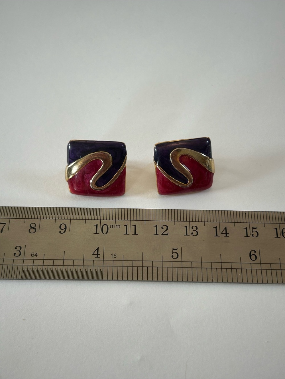 Gold-Accent Purple and Red Enamel Square Stud Earrings 70s 80s Vintage